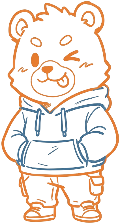 ShellWen 的卡通小熊形象，穿连帽卫衣和运动鞋，手插口袋眨眼微笑的手绘涂鸦风格头像